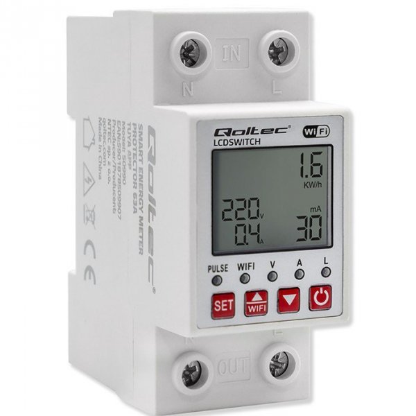 Qoltec Przekaźnik 63A na szynę DIN z licznikiem energii elektrycznej |  Timer | Tuya | Wi-Fi | LED                              