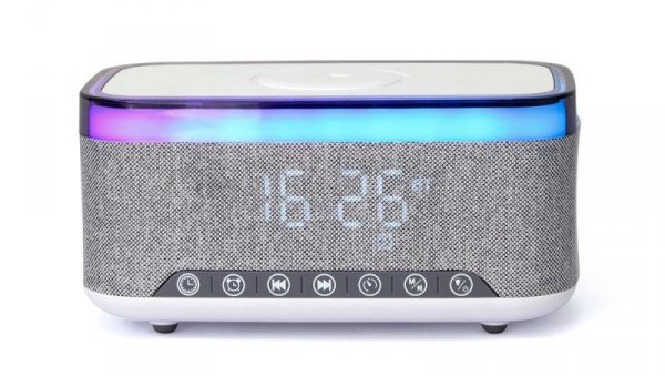 Zegar cyfrowy z funkcją budzika oraz bezprzewodowego ładowania Gembird DAC-SPKBT-QC15-GR szary