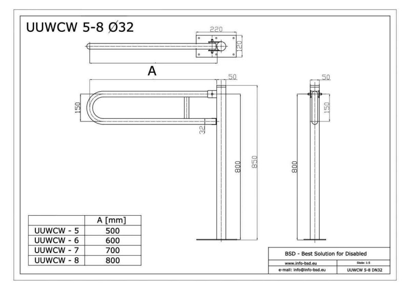 WC - Klappgriff freistehend für barrierefreies Bad aus rostfreiem Edelstahl 50 cm ⌀ 32 mm / ⌀ 50 mm