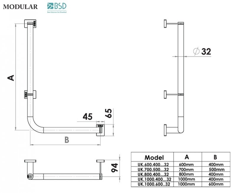 Winkelgriff für barrierefreies Bad 100/60 cm links / rechts montierbar aus rostfreiem Edelstahl ⌀ 32 mm MODULAR