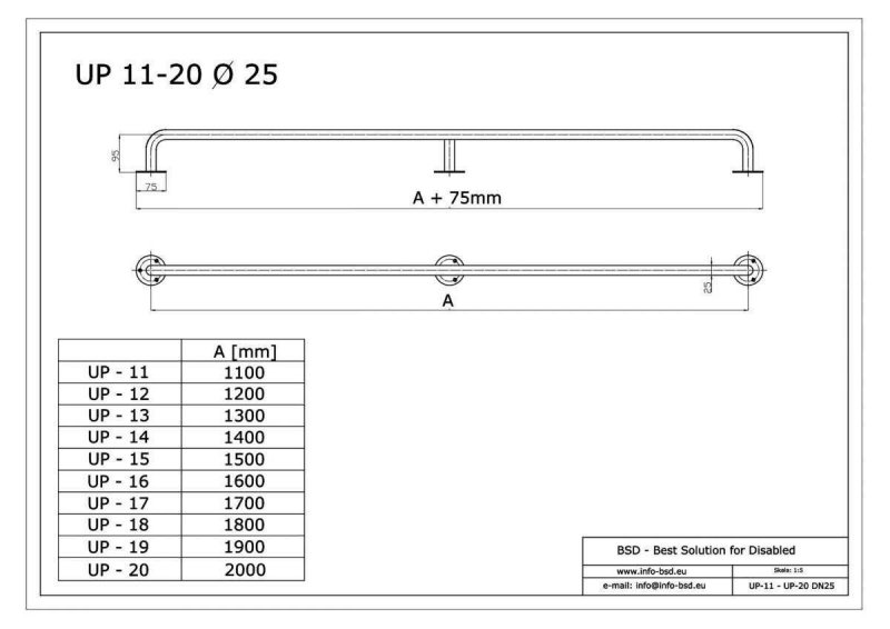 Gerader Handlauf für barrierefreies Bad 130 cm aus rostfreiem Edelstahl ⌀ 25 mm