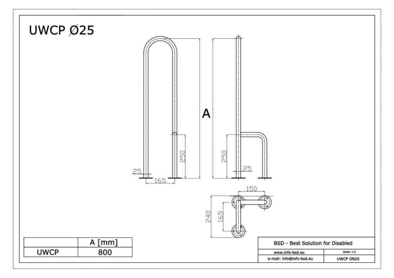 WC - Stützgriff für barrierefreies Bad zur Bodenmontage rechts 80 cm hoch aus rostfreiem Edelstahl ⌀ 25 mm
