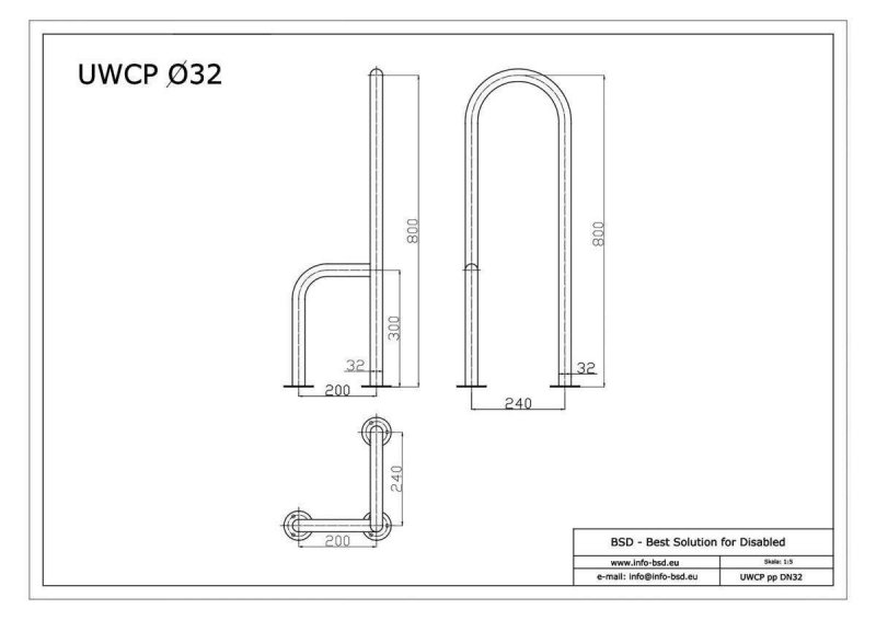 WC - Stützgriff für barrierefreies Bad zur Bodenmontage rechts 80 cm hoch weiß ⌀ 32 mm mit Abdeckrosetten