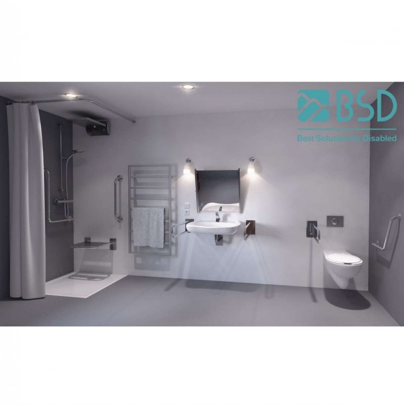WC - Stützgriff für barrierefreies Bad zur Bodenmontage rechts 80 cm hoch aus rostfreiem Edelstahl ⌀ 25 mm