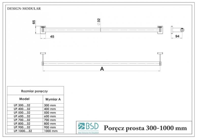 Gerader Handlauf für barrierefreies Bad 30 cm aus rostfreiem Edelstahl ⌀ 32 mm MODULAR