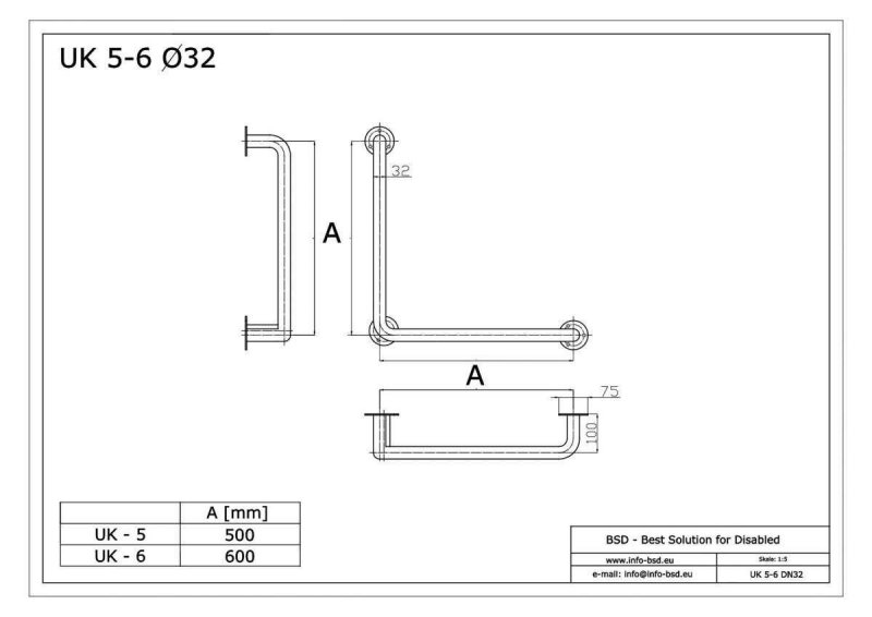 Winkelgriff 50/50 cm für barrierefreies Bad links/rechts montierbar weiß ⌀ 32 mm