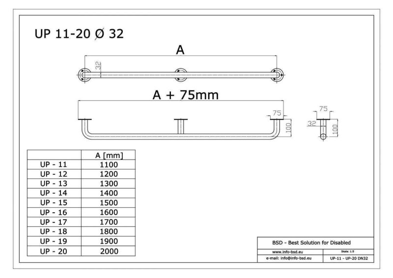 Handlauf für barrierefreies Bad 190 cm aus rostfreiem Edelstahl ⌀ 32 mm mit Abdeckrosetten