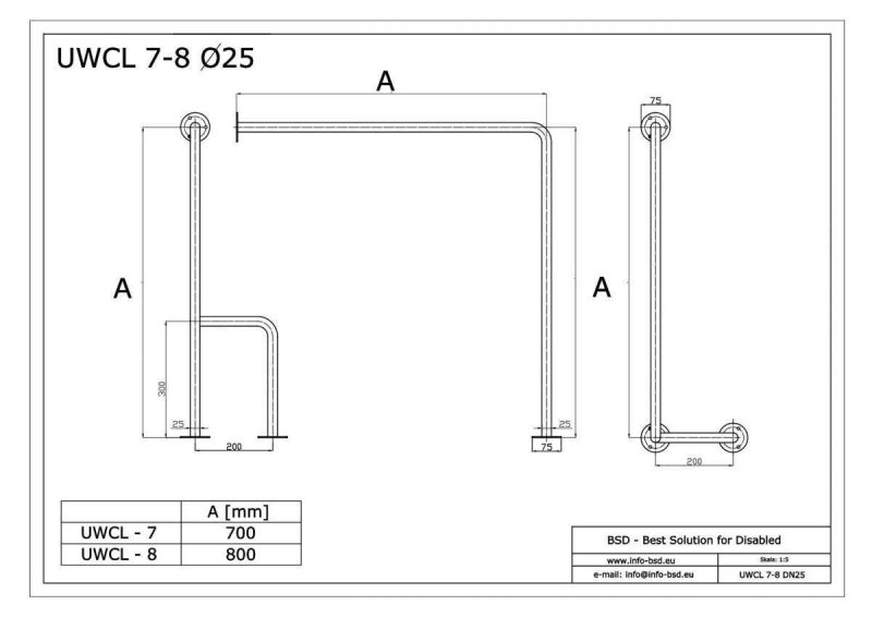 WC Stützgriff für barrierefreies Bad links montierbar 70 cm aus rostfreiem Edelstahl ⌀ 25 mm