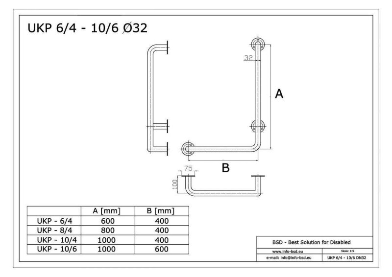Winkelgriff 80/60 cm für barrierefreies Bad rechts montierbar weiß ⌀ 32 mm mit Abdeckrosetten