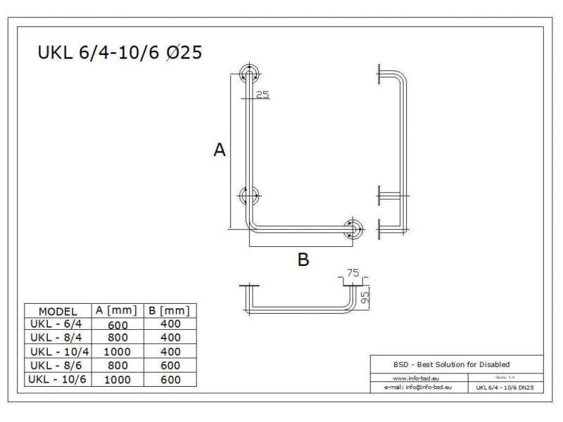 Winkelgriff 100/40 cm für barrierefreies Bad links montierbar weiß ⌀ 25 mm