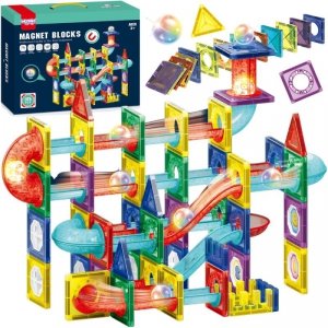 WOOPIE Klocki Magnetyczne Konstrukcyjne 3D Zestaw Edukacyjny Tor Kulkowy LED 105el.