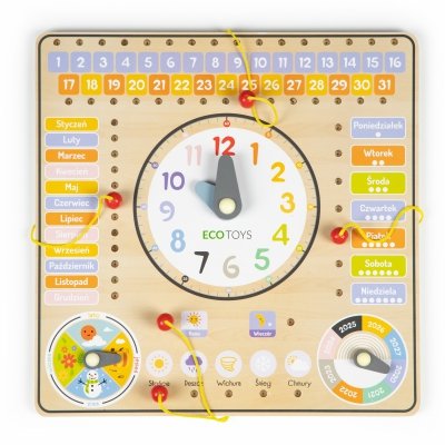 Drewniana tablica manipulacyjna kalendarz zegar ECOTOYS