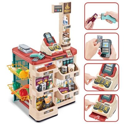 WOOPIE Sklep Supermarket z Wózkiem Sklepowym Waga Kasa Skaner + 48 Akc.