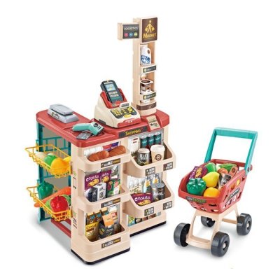 WOOPIE Sklep Supermarket z Wózkiem Sklepowym Waga Kasa Skaner + 48 Akc.