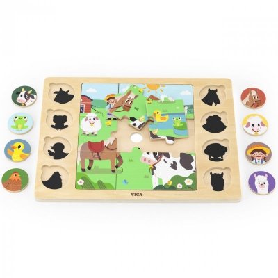 VIGA Drewniane Puzzle Odgadnij Po Cieniu - Farma Układanka 17 el.
