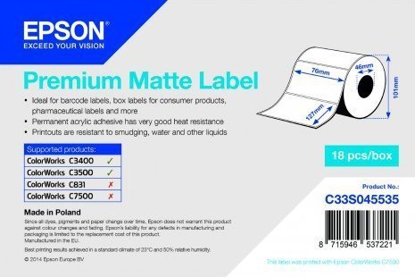 PREMIUM MATTE LABEL - DIE-CUT ROLL: 76MM X 127MM, 265 LABELS