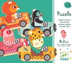 Djeco drewniane puzzle 2-elementowe zwierzątka w autkach
