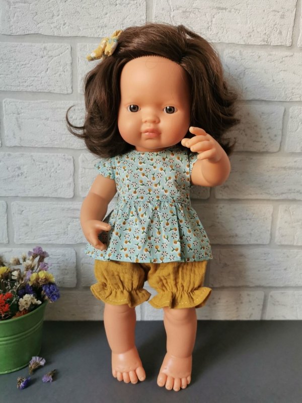 Olimi, tunika z bloomersami na lalkę Miniland, 38cm, mirabelki