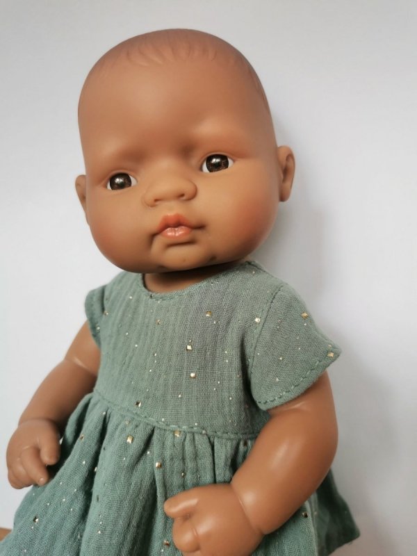 Olimi sukienka z muślinu rozgwieżdżone niebo na szarej mięcie dla lalki Miniland 32cm