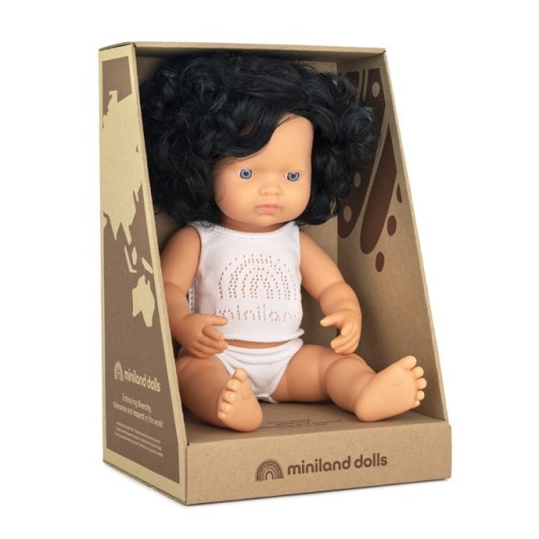 Miniland lalka Europejka z czarnymi kreconymi włosami 38cm