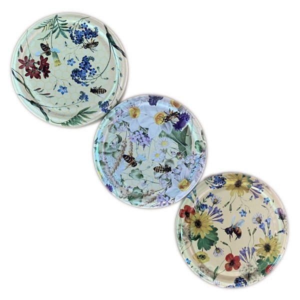 Box of 48 honey jars with decorative lids