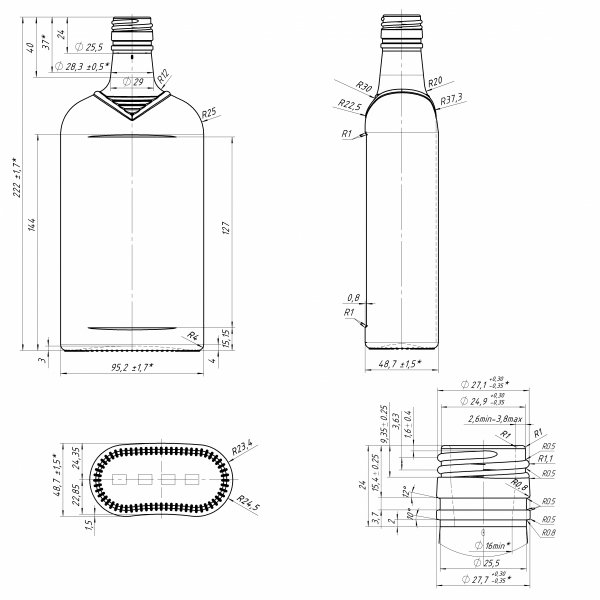 Rysunek techniczny: Szklana butelka MARYNARZ 500 ml na alkohol w ofercie hurtowej.