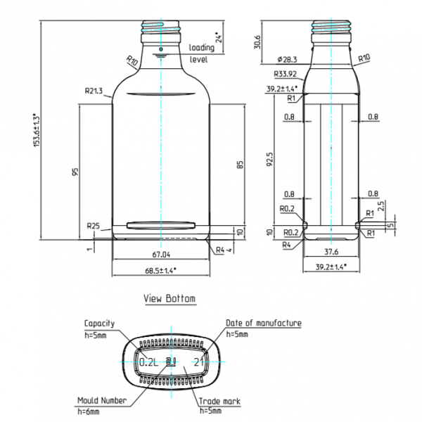 Rysunek techniczny: Szklana butelka PIERSIÓWKA 200 ml (68.5 mm) na alkohol w ofercie hurtowej.