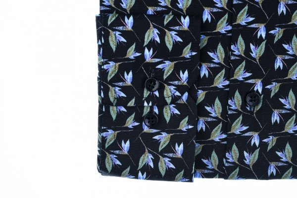 Koszula męska Slim CDR28 - czarna 3D w niebieskie kwiaty