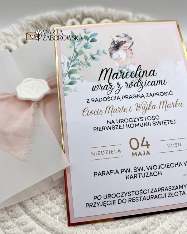 Zaproszenia na Pierwszą Komunię Świętą w kalce, ze wstążką i lakiem