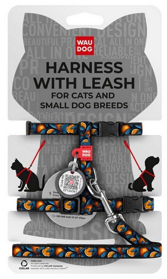 Collar WauDog Nylon Szelki se smyczą nylonowe anatomiczne w kształcie litery H, z QR-paszportem, plastikowy fastex, wzór POMARAŃ