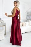 Numoco 512-6 JULIET elegancka długa satynowa suknia z dekoltem i rozcięciem na nogę tył