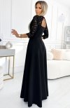 Numoco 309-11 AMBER koronkowa elegancka długa suknia z dekoltem i rozcięciem na nogę tył