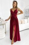 Numoco 512-6 JULIET elegancka długa satynowa suknia z dekoltem i rozcięciem na nogę 