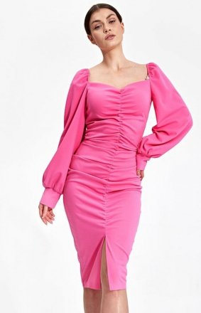 Koktajlowa midi sukienka z bufkami różowa M871