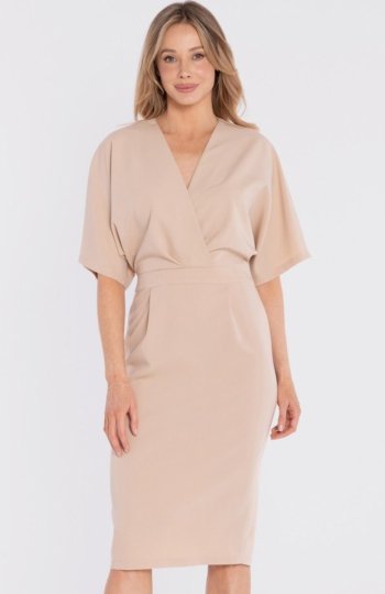 Stylove S434 sukienka midi z kopertowym dekoltem beżowa 