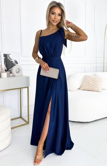 Numoco 528-1 długa połyskująca suknia na jedno ramię z kokardą 