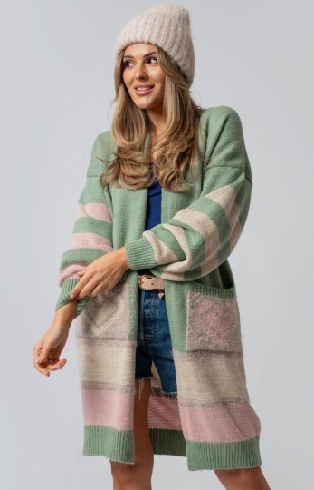 Kolorowy oversizowy długi kardigan Carrie oliwkowy