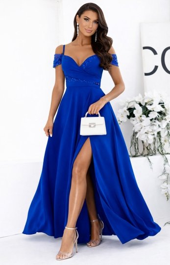 Sukienka wieczorowa maxi chabrowa z rozcięciem i cekinową górą