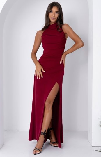 Duet Roxan wieczorowa długa sukienka z wiązaniem bordowa