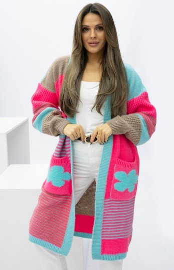 Oversizowy długi kardigan damski z kiszeniami Marbelio pink - polska marka