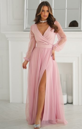 Bicotone szyfonowa sukienka maxi z długim rękawem 302-20