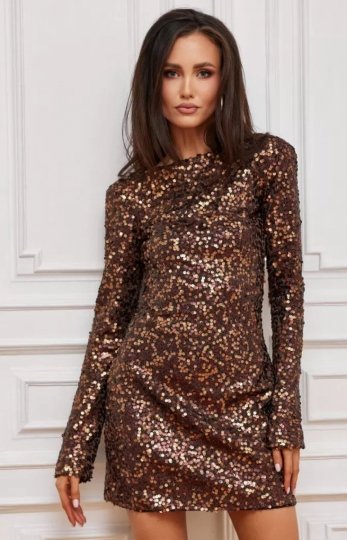 Brązowa cekinowa sukienka mini z długim rękawem i odkrytymi plecami