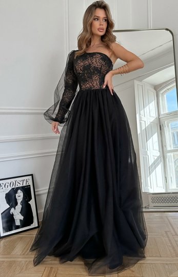 Bicotone suknia balowa na jedno ramię czarno-beżowa