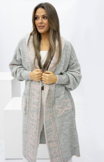 Długi szary sweter damski z kapturem Star - polska marka