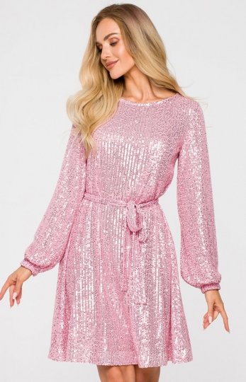 Cekinowa sukienka z paskiem różowa M715