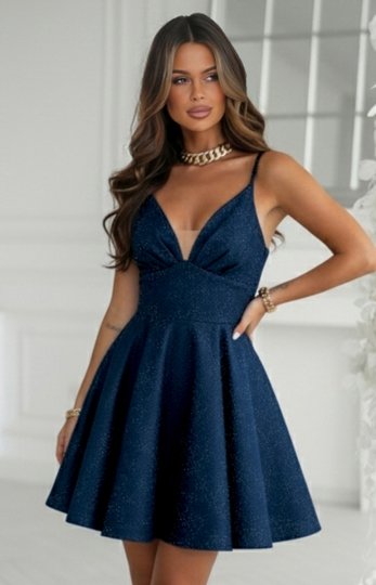 Granatowa brokatowa sukienka mini z gorsetowym wiązaniem