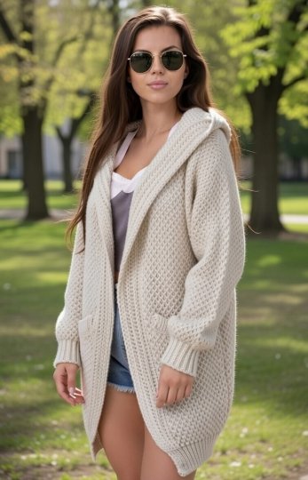 Kardigan damski Flora - miękki sweter oversize z kapturem beżowy