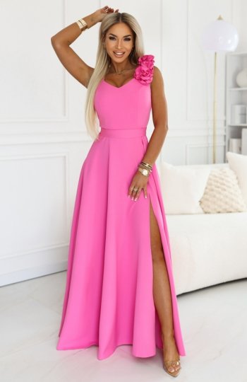 Numoco 643-6 elegancka wieczorowa suknia maxi z rozcięciem i różami 