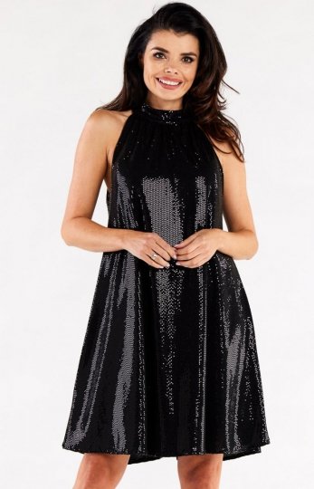 Rozkloszowana mini sukienka połyskująca czarna A563