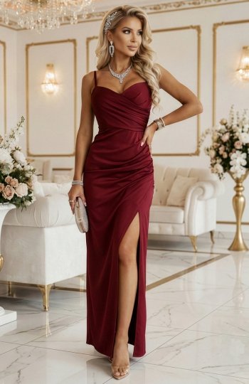 Numoco 647-1 dopasowana długa sukienka maxi z kopertowym dekoltem i rozcięciem 